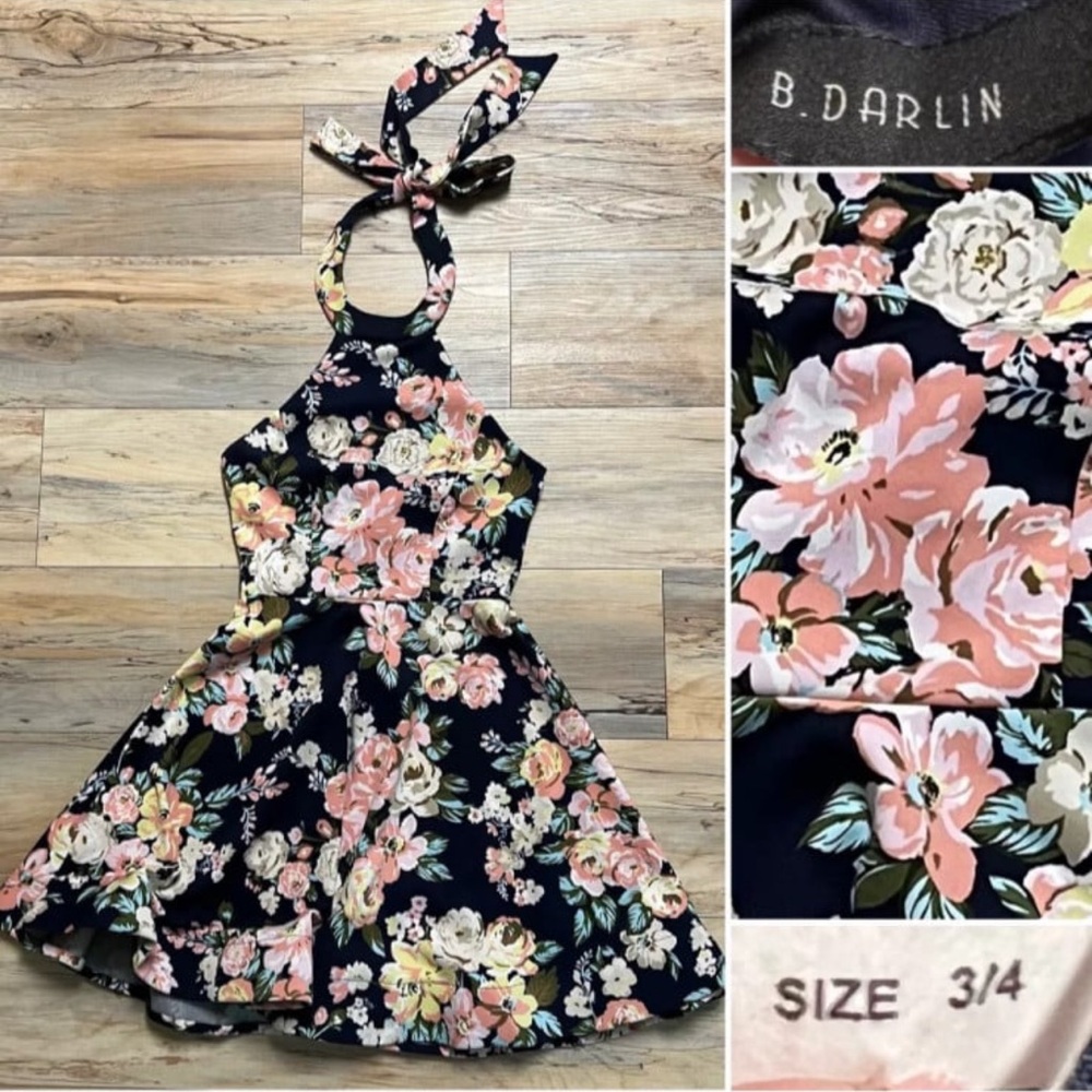 Size 3/4-Blue-Flowers-Tie Halter Top-Flowy Mini B Darlin- Cocktail Dress